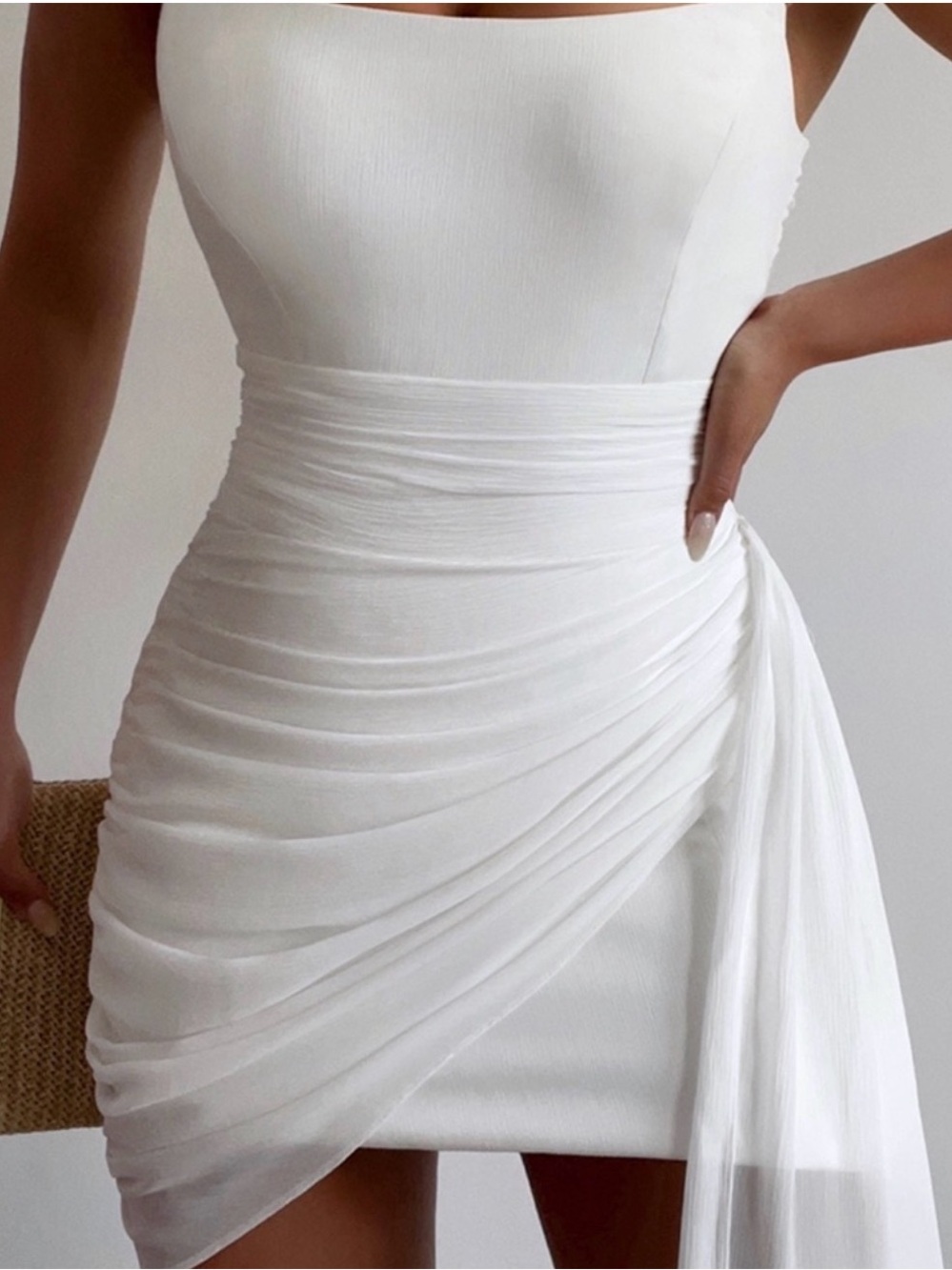 RUNAWAY THE LABEL White Ruched Dress with Side Drape